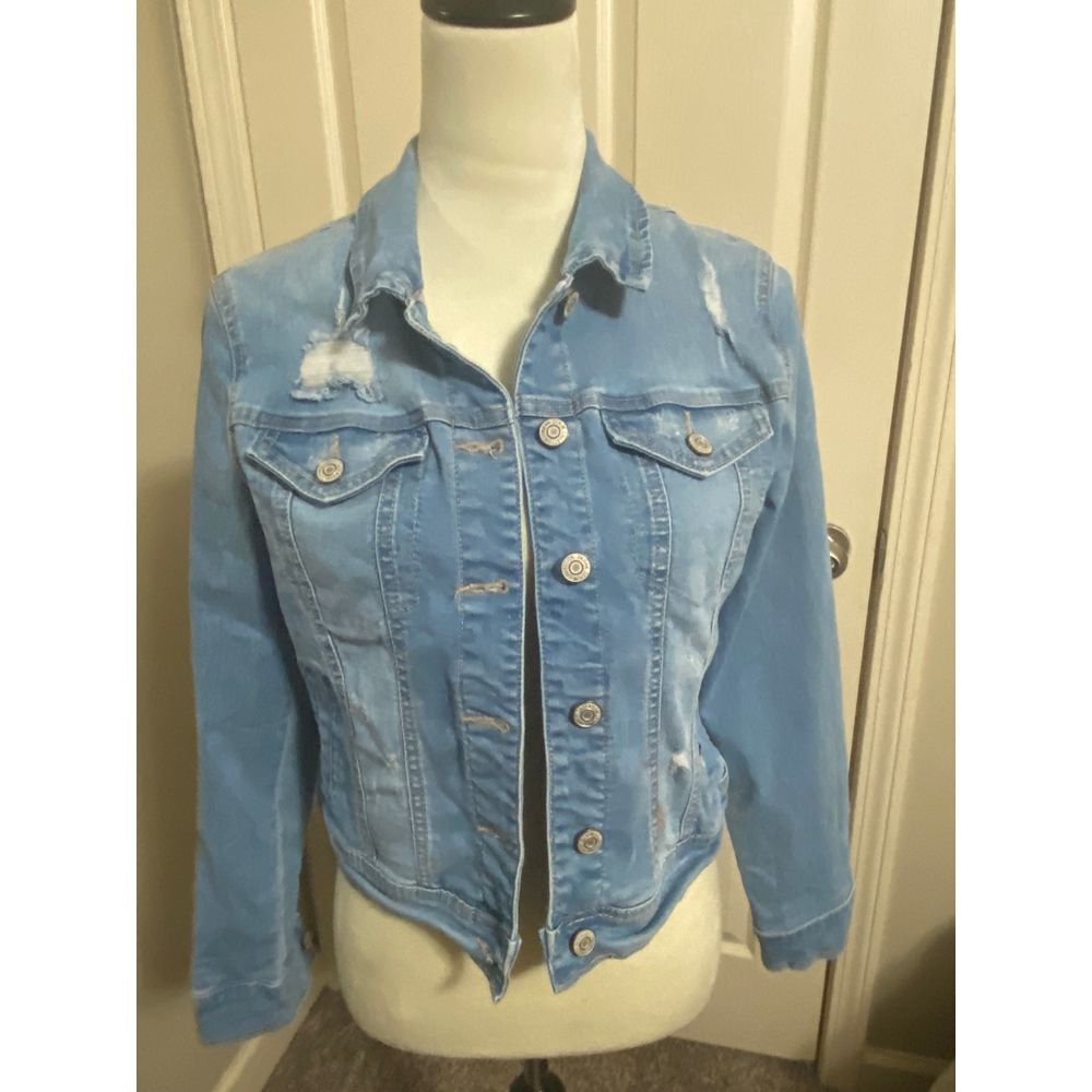 Enjean Women's Size Medium Light Blue Distressed Denim Jacket Casual Outerwear - Picture 4 of 6